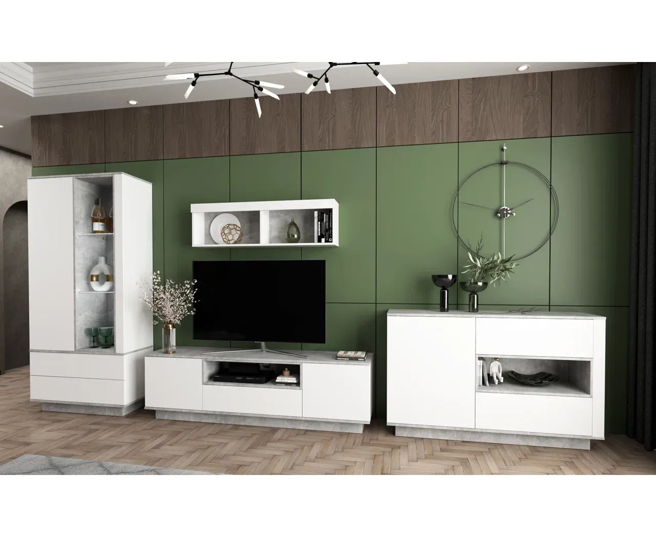 Набор мебели для жилой комнаты Интерлиния Quartz-2 Гостиная-2 с подсветкой белый платинум/бетон