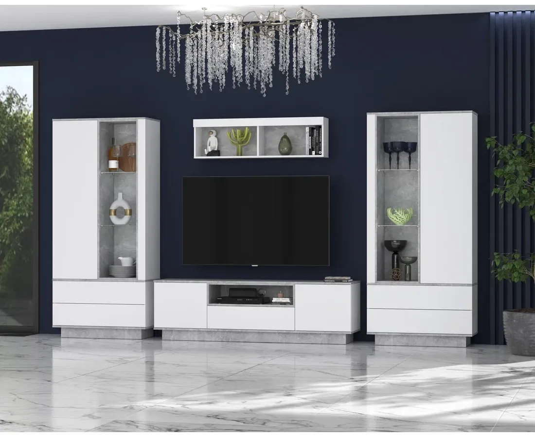 Набор мебели для жилой комнаты Интерлиния Quartz-3 Гостиная-3 с подсветкой белый платинум/бетон