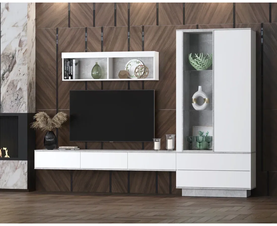 Набор мебели для жилой комнаты Интерлиния Quartz-10 (Гостиная-10) с подсветкой белый платинум/бетон