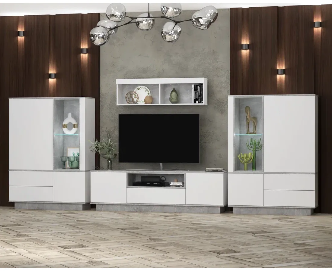 Набор мебели для жилой комнаты Интерлиния Quartz-5 Гостиная-5) с подсветкой белый платинум/бетон