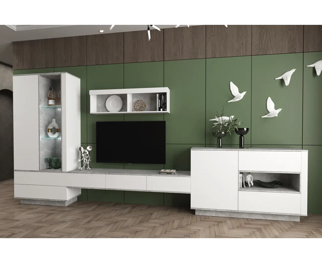 Набор мебели для жилой комнаты Интерлиния Quartz-8 (Гостиная-8) с подсветкой белый платинум/бетон
