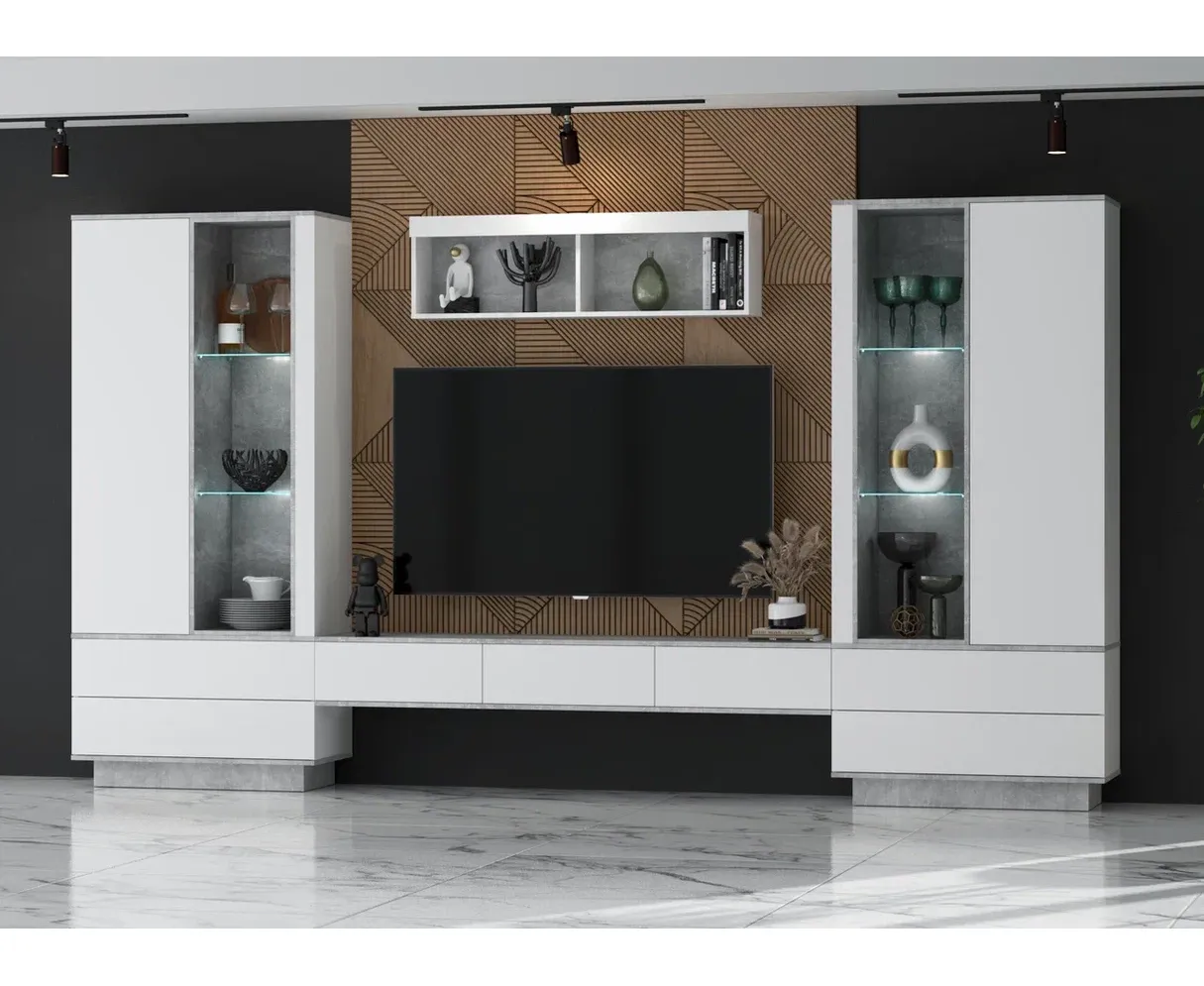 Набор мебели для жилой комнаты Интерлиния Quartz-9 Гостиная-9 с подсветкой белый платинум/бетон